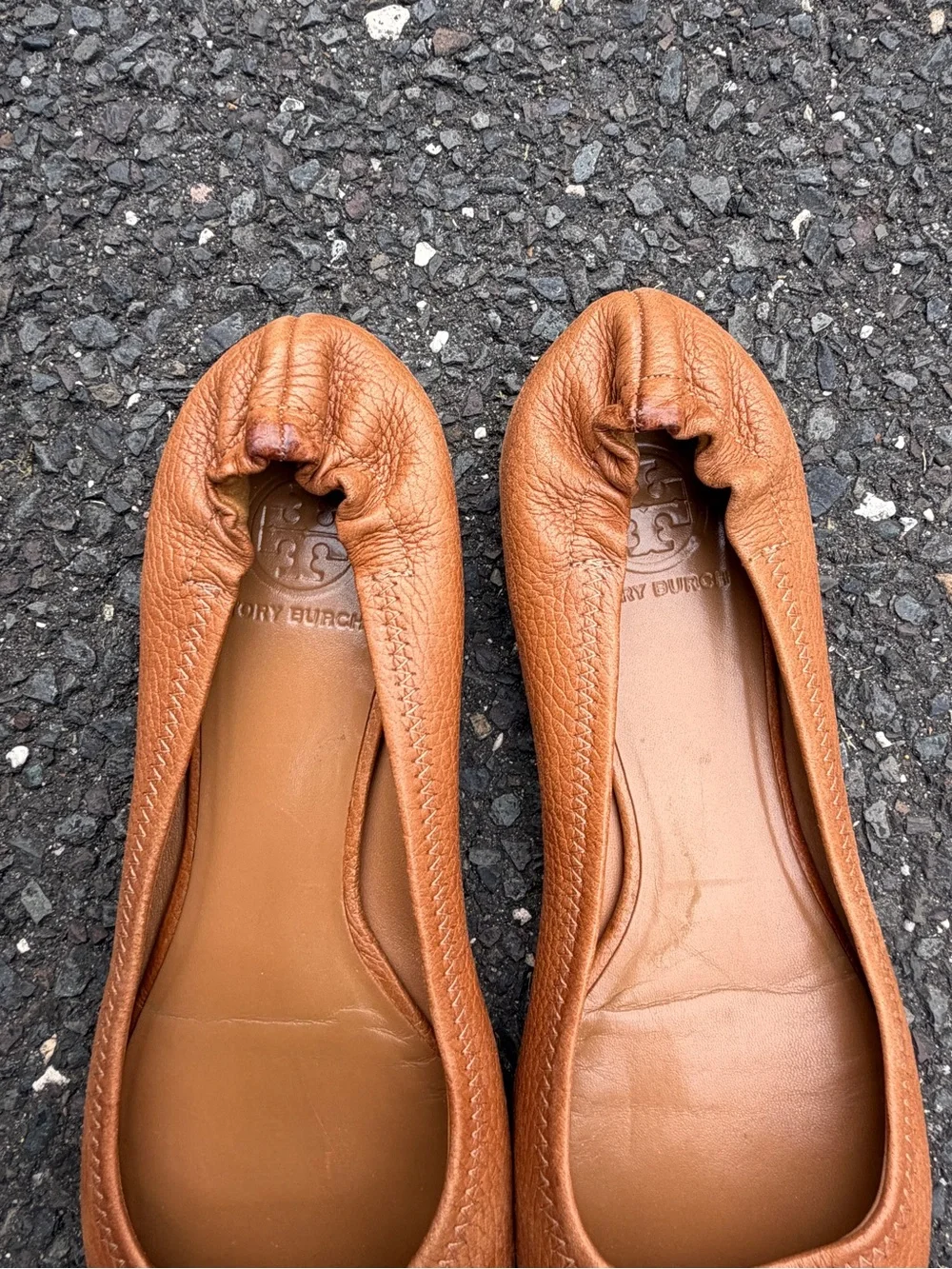 Tory Burch Cognac Leather Logo Ballet Flats